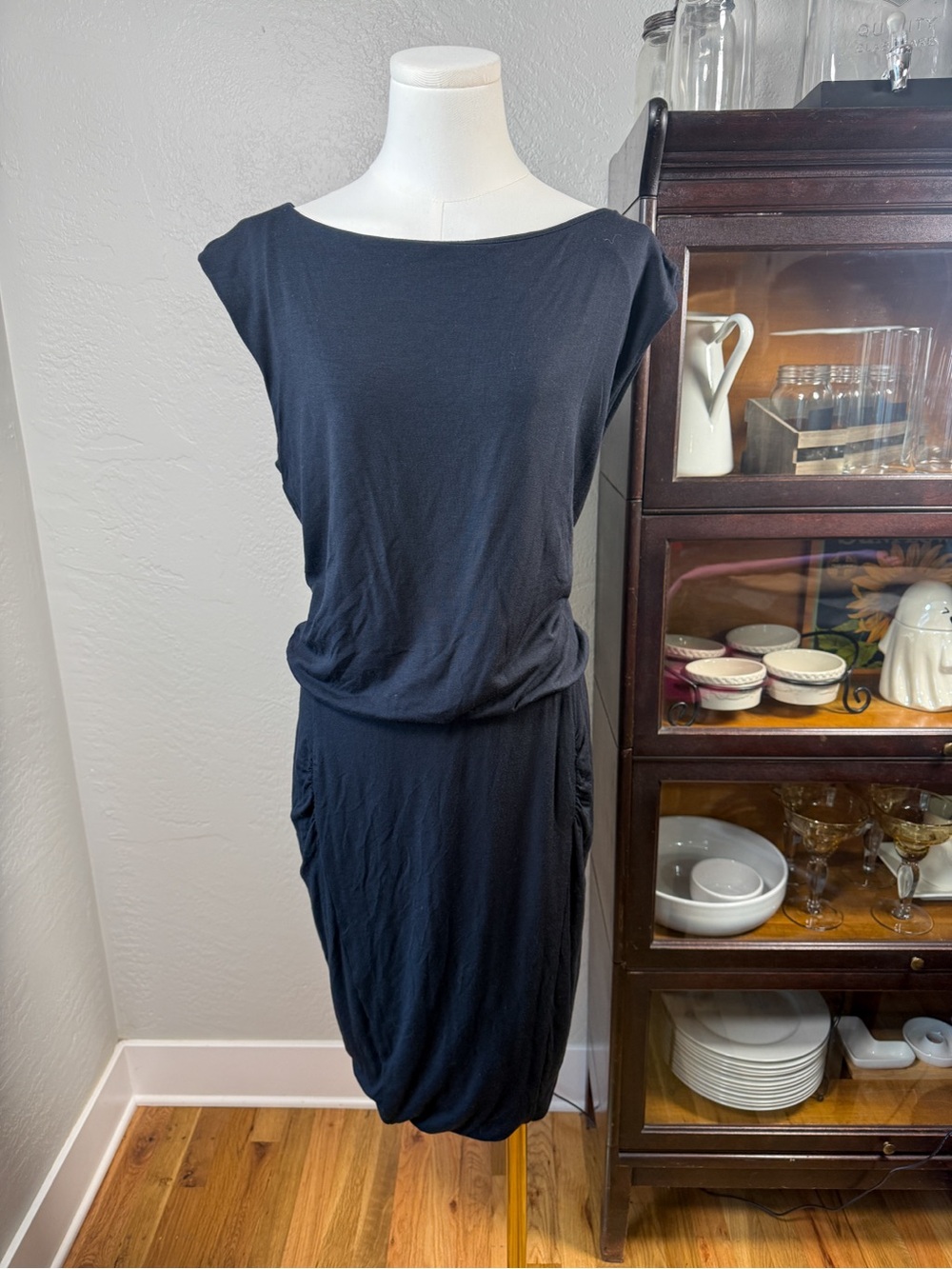 Athleta Black Asymmetrical Ruched Wool Blend Midi Dress Size M Tall